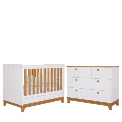 Jogo de Quarto Infantil Biscoito Cômoda 6 Gavetas e Berço Branco/Nature - Permóbili Baby