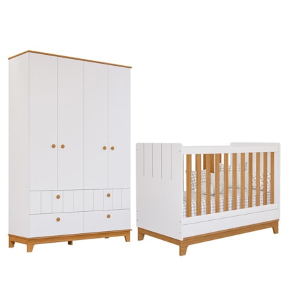 Jogo de Quarto Infantil Biscoito Guarda Roupa e Berço Branco/Nature - Permóbili Baby