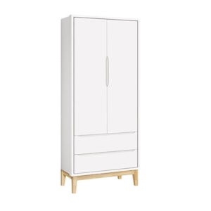 Jogo de Quarto Infantil Classic Guarda Roupa 2 Portas e Cômoda 6 Gavetas Branco Fosco com Pés Madeira Natural - Reller Móveis