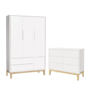 Jogo de Quarto Infantil Classic Guarda Roupa 3 Portas e Cômoda 6 Gavetas Branco Fosco com Pés Madeira Natural - Reller Móveis