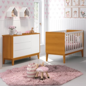 Jogo de Quarto Infantil Cômoda 1 Porta e Berço Classic Branco/Savana com Pés Amadeirado - Reller Móveis