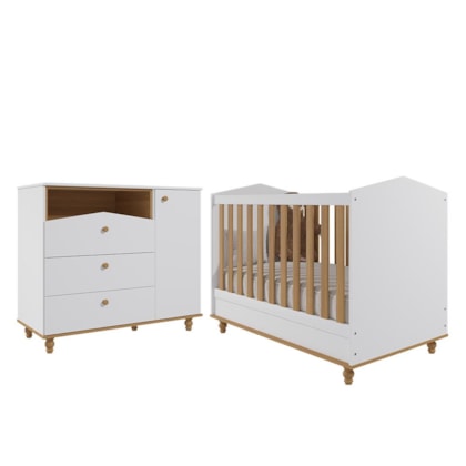 Jogo de Quarto Infantil Cômoda Casinha 1 Porta e Berço Americano Mimo Branco/Nature - Permóbili Baby 