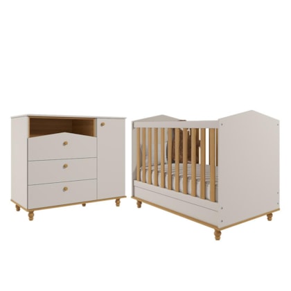 Jogo de Quarto Infantil Cômoda Casinha 1 Porta e Berço Americano Mimo Off White/Nature - Permóbili Baby