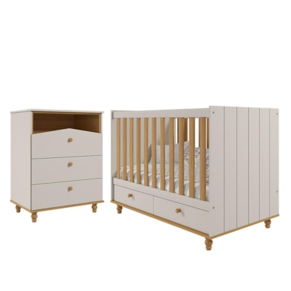 Jogo de Quarto Infantil Cômoda Casinha 3 Gavetas e Berço Americano Candy Off White/Nature - Permóbili Baby