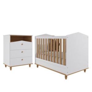 Jogo de Quarto Infantil Cômoda Casinha 3 Gavetas e Berço Americano Mimo Branco/Nature - Permóbili Baby