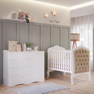 Jogo de Quarto Infantil Cômoda Encanto e Berço Harmonia Branco com Capitonê - Permóbili Baby