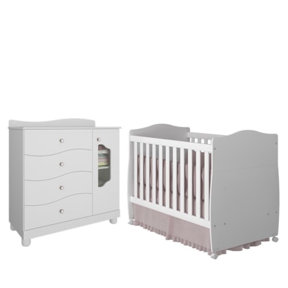 Jogo de Quarto Infantil Cômoda Riso e Berço Conforto Branco - Permóbili Baby