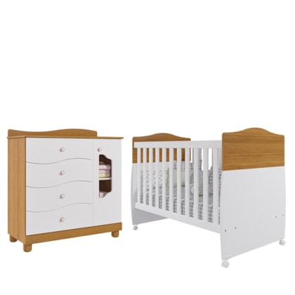 Jogo de Quarto Infantil Cômoda Riso e Berço Conforto Nature/Branco - Permóbili Baby