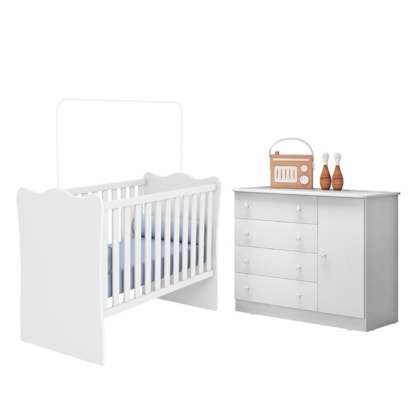 Jogo de Quarto Infantil Doce Sonho com Cômoda 1 Porta e Berço Branco - Qmovi