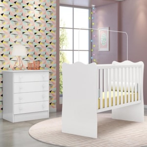 Jogo de Quarto Infantil Doce Sonho com Cômoda 4 Gavetas e Berço Branco - Qmovi