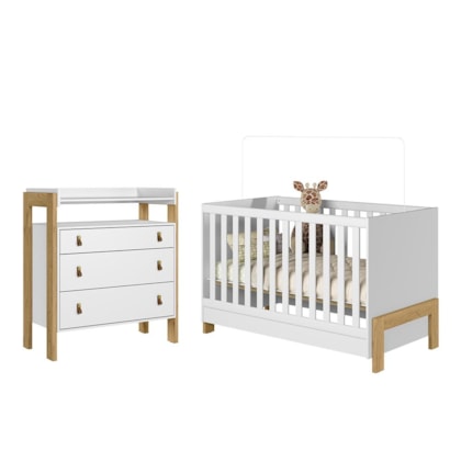 Jogo de Quarto Infantil Fantasia Cômoda e Berço Mini Cama Branco Acetinado - Qmovi