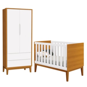 Jogo de Quarto Infantil Guarda Roupa 2 Portas e Berço Classic Branco/Savana com Pés Amadeirado - Reller Móveis