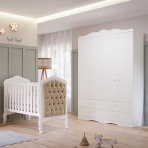 Jogo de Quarto Infantil Guarda Roupa Encanto e Berço Harmonia Branco com Capitonê - Permóbili Baby 