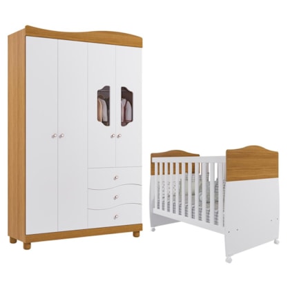 Jogo de Quarto Infantil Guarda Roupa Riso e Berço Conforto Nature/Branco - Permóbili Baby