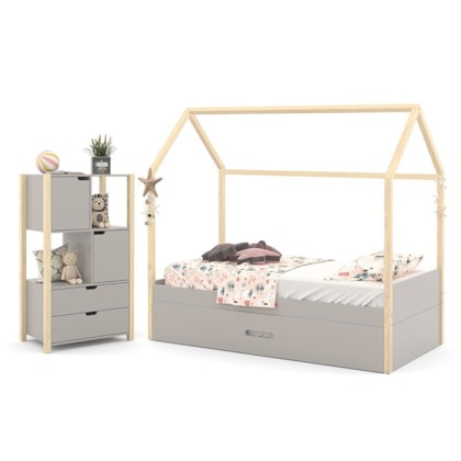 Jogo de Quarto Infantil Kids Liv com Organizador, Cama e Auxiliar New Cinza/Natural - Matic Móveis 