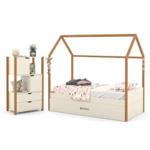 Jogo de Quarto Infantil Kids Liv com Organizador, Cama e Auxiliar New Off White/Freijó - Matic Móveis 