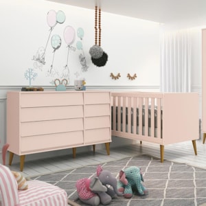 Jogo de Quarto Infantil Noah Retrô Cômoda 1 Porta e Berço Rosa Fosco com Pés Amadeirado - Reller Móveis