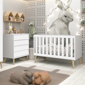 Jogo de Quarto Infantil Noah Retrô Cômoda 4 Gavetas e Berço Branco Fosco com Pés Madeira Natural - Reller Móveis 