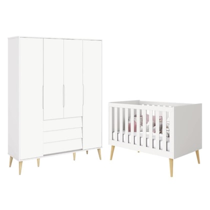 Jogo de Quarto Infantil Noah Retrô Guarda Roupa 4 Portas e Berço Branco Fosco com Pés Madeira Natural - Reller Móveis 