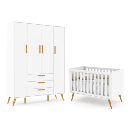 Jogo de Quarto Infantil Retrô com Guarda Roupa 4 Portas e Berço Branco Soft/Eco Wood - Matic Móveis