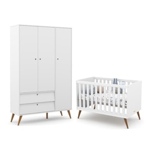 Jogo de Quarto Infantil Retrô Gold com Guarda Roupa 3 Portas e Berço Branco Soft/Eco Wood - Matic Móveis 