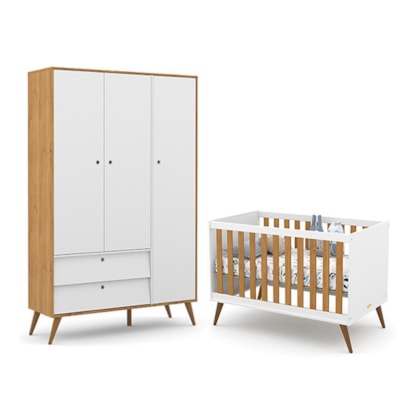 Jogo de Quarto Infantil Retrô Gold com Guarda Roupa 3 Portas e Berço Branco Soft/Freijó/Eco Wood - Matic Móveis 