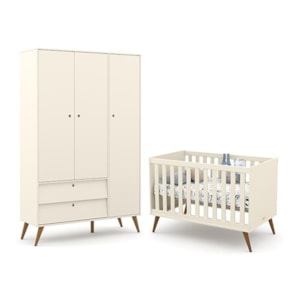 Jogo de Quarto Infantil Retrô Gold com Guarda Roupa 3 Portas e Berço Off White/Eco Wood - Matic Móveis 