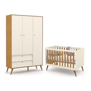 Jogo de Quarto Infantil Retrô Gold com Guarda Roupa 3 Portas e Berço Off White/Freijó/Eco Wood - Matic Móveis 