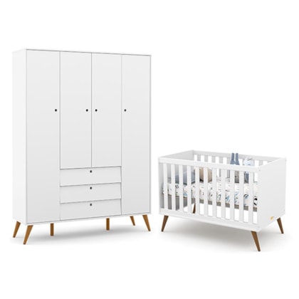 Jogo de Quarto Infantil Retrô Gold com Guarda Roupa 4 Portas e Berço Branco Soft/Eco Wood - Matic Móveis 