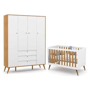 Jogo de Quarto Infantil Retrô Gold com Guarda Roupa 4 Portas e Berço Branco Soft/Freijó/Eco Wood - Matic Móveis 