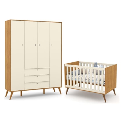 Jogo de Quarto Infantil Retrô Gold com Guarda Roupa 4 Portas e Berço Freijó/Off White/Eco Wood - Matic Móveis 