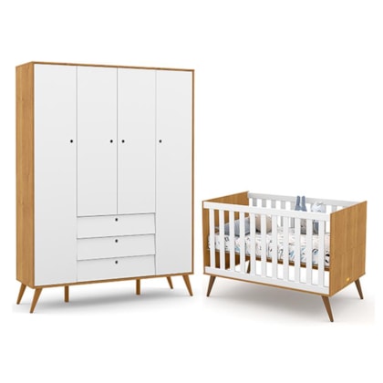 Jogo de Quarto Infantil Retrô Gold com Guarda Roupa 4 Portas e Berço - Matic Móveis  Freijó/Branco Soft/Eco Wood