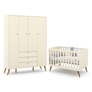 Jogo de Quarto Infantil Retrô Gold com Guarda Roupa 4 Portas e Berço Off White/Eco Wood - Matic Móveis 