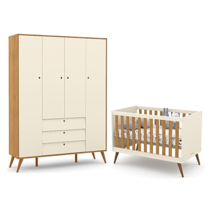 Jogo de Quarto Infantil Retrô Gold com Guarda Roupa 4 Portas e Berço Off White/Freijó/Eco Wood - Matic Móveis 