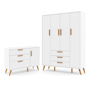 Jogo de Quarto Infantil Retrô Guarda Roupa 4 Portas e Cômoda com Porta Branco Soft/Eco Wood - Matic Móveis 