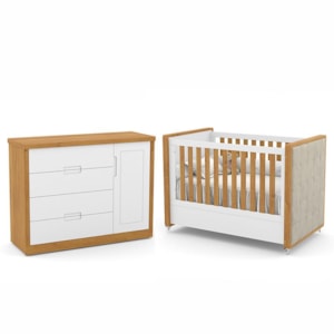 Jogo de Quarto Infantil Tutto New Berço com Capitonê e Cômoda 1 Porta Branco Soft/Freijó - Matic Móveis 