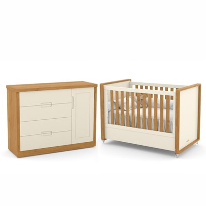 Jogo de Quarto Infantil Tutto New com Berço e Cômoda 1 Porta Off White/Freijó - Matic Móveis  