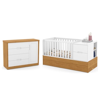 Jogo de Quarto Infantil Tutto New Cômoda com Porta e Berço Multifuncional Formare Branco Soft/Freijó - Matic Móveis