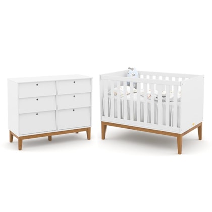 Jogo de Quarto Infantil Unique com Cômoda 6 Gavetas e Berço Branco Soft/Eco Wood - Matic Móveis  