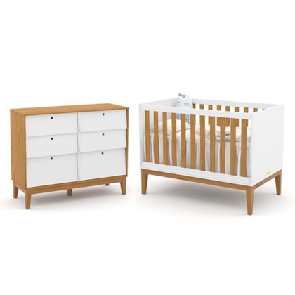 Jogo de Quarto Infantil Unique com Cômoda 6 Gavetas e Berço Branco Soft/Freijó/Eco Wood - Matic Móveis  