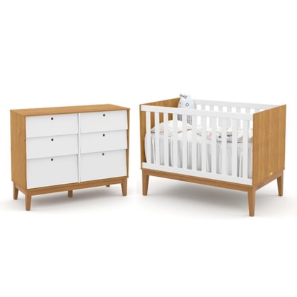 Jogo de Quarto Infantil Unique com Cômoda 6 Gavetas e Berço Freijó/Branco Soft/Eco Wood - Matic Móveis 