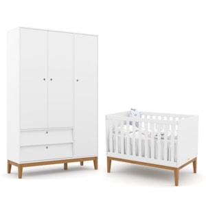 Jogo de Quarto Infantil Unique com Guarda Roupa 3 Portas e Berço Branco Soft/Eco Wood - Matic Móveis  