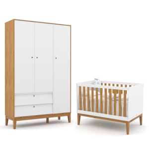 Jogo de Quarto Infantil Unique com Guarda Roupa 3 Portas e Berço Branco Soft/Freijó/Eco Wood - Matic Móveis  