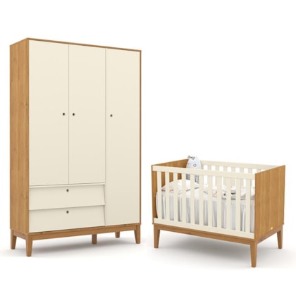 Jogo de Quarto Infantil Unique com Guarda Roupa 3 Portas e Berço Freijó/Off White/Eco Wood - Matic Móveis 