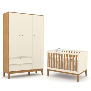 Jogo de Quarto Infantil Unique com Guarda Roupa 3 Portas e Berço Off White/Freijó/Eco Wood - Matic Móveis  