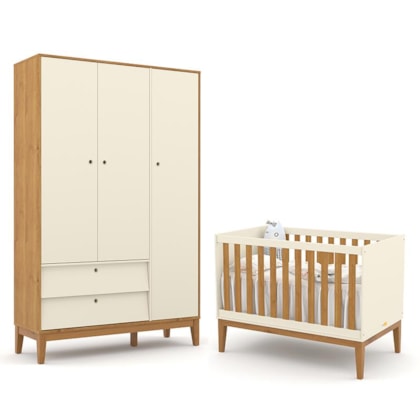 Jogo de Quarto Infantil Unique com Guarda Roupa 3 Portas e Berço Off White/Freijó/Eco Wood - Matic Móveis  