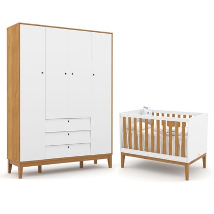 Jogo de Quarto Infantil Unique com Guarda Roupa 4 Portas e Berço Branco Soft/Freijó/Eco Wood - Matic Móveis  