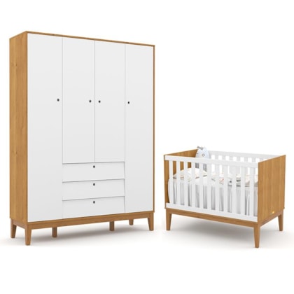 Jogo de Quarto Infantil Unique com Guarda Roupa 4 Portas e Berço Freijó/Branco Soft/Eco Wood - Matic Móveis 