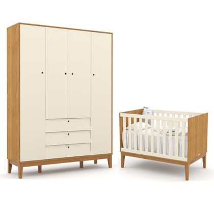 Jogo de Quarto Infantil Unique com Guarda Roupa 4 Portas e Berço Freijó/Off White/Eco Wood - Matic Móveis  