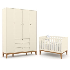 Jogo de Quarto Infantil Unique com Guarda Roupa 4 Portas e Berço Off White/Eco Wood - Matic Móveis  